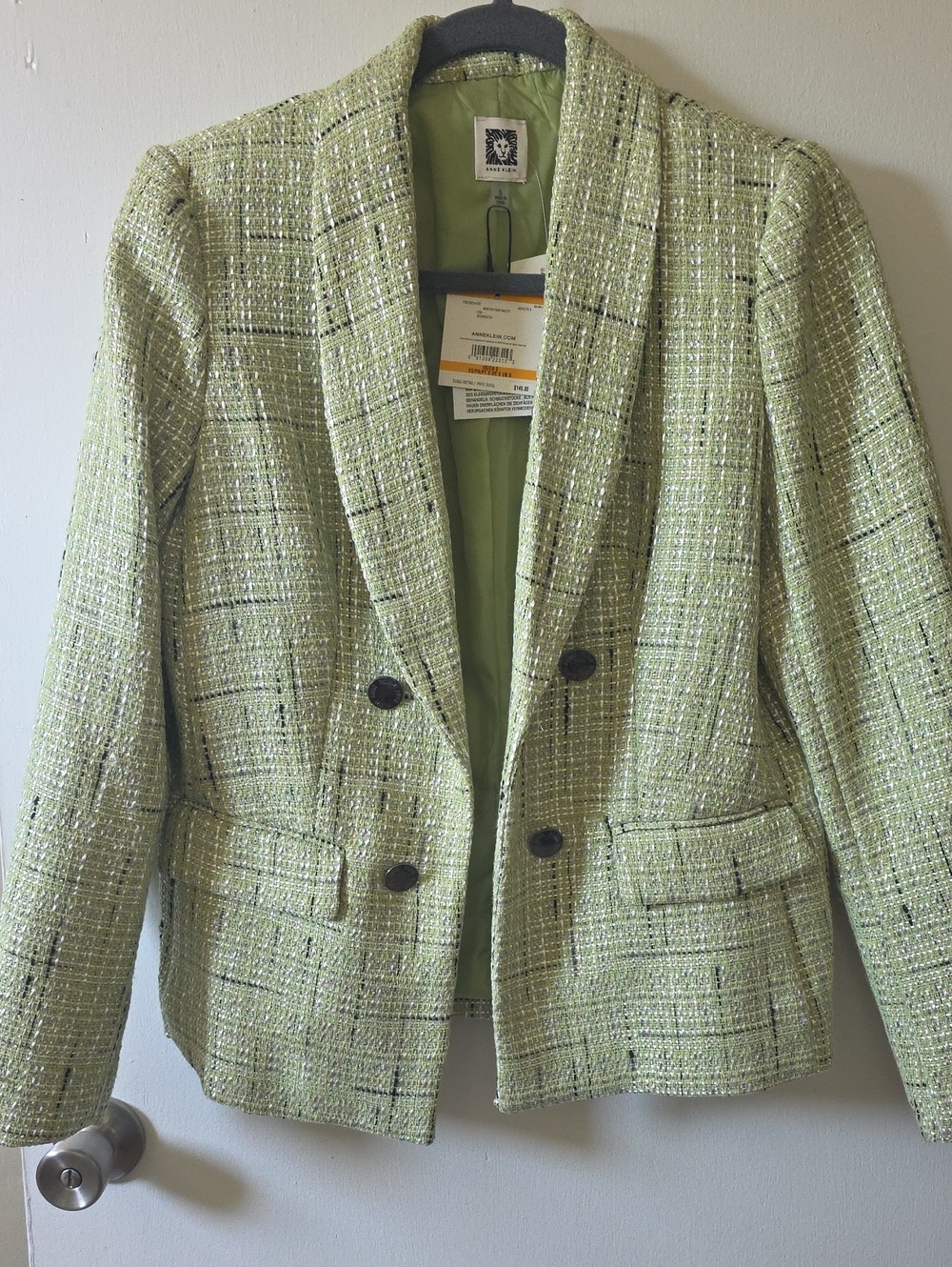 NWT Anne Klein Light Green Tweed Double-Breasted Blazer- S